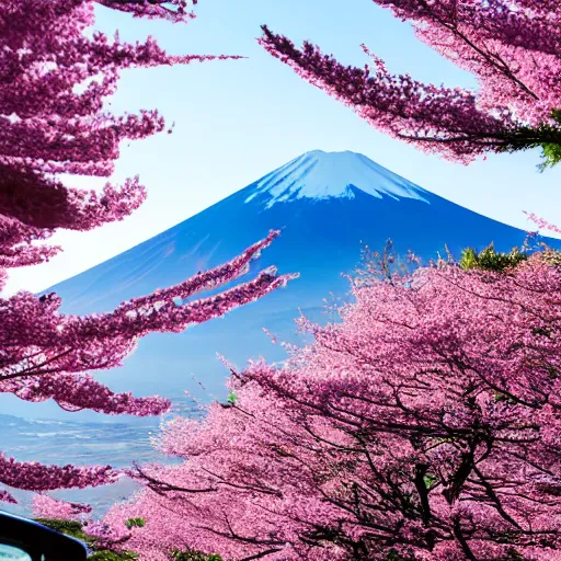 Prompt: a jdm mazda rx 7 driving by mount fuji early in the morning with a few blossom trees around, high quality photo