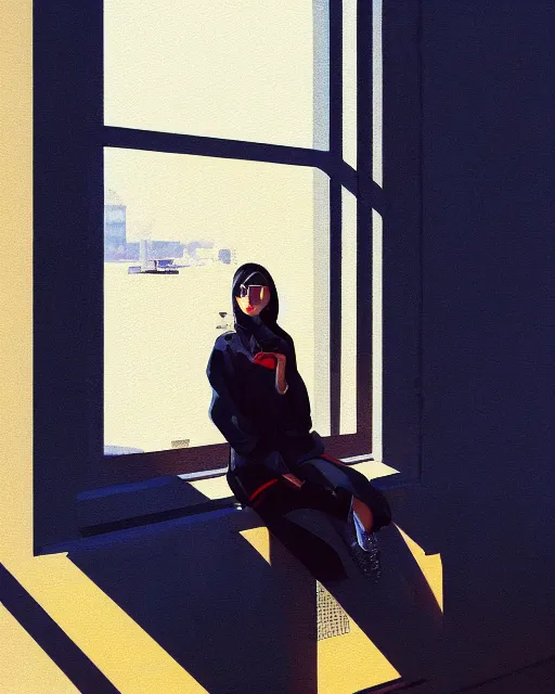 Image similar to A ultradetailed beautiful panting of a stylish woman sitting next to a window, she is wearing streetwear, bright sunny day, Oil painting, by Ilya Kuvshinov, Greg Rutkowski and Makoto Shinkai