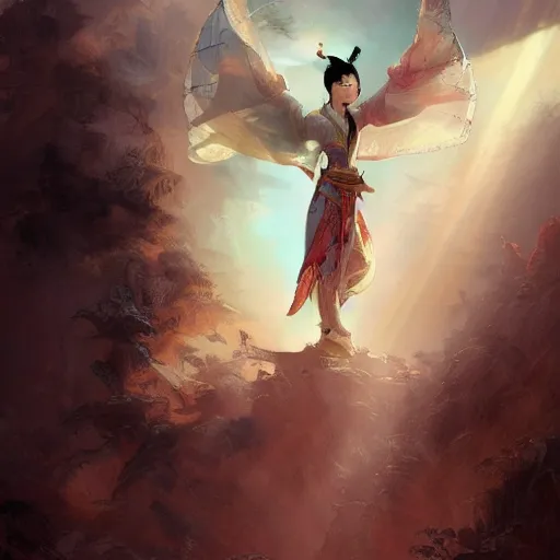 Prompt: chinese goddess emperess mulan in the style of craig mullins, greg rutkowski, peter mohrbacher, and drew struzan. epic, majestic, awe inspiring, god rays, fissures, divine, church painting, intricate armor, extreme detail, high octane, cartoonish