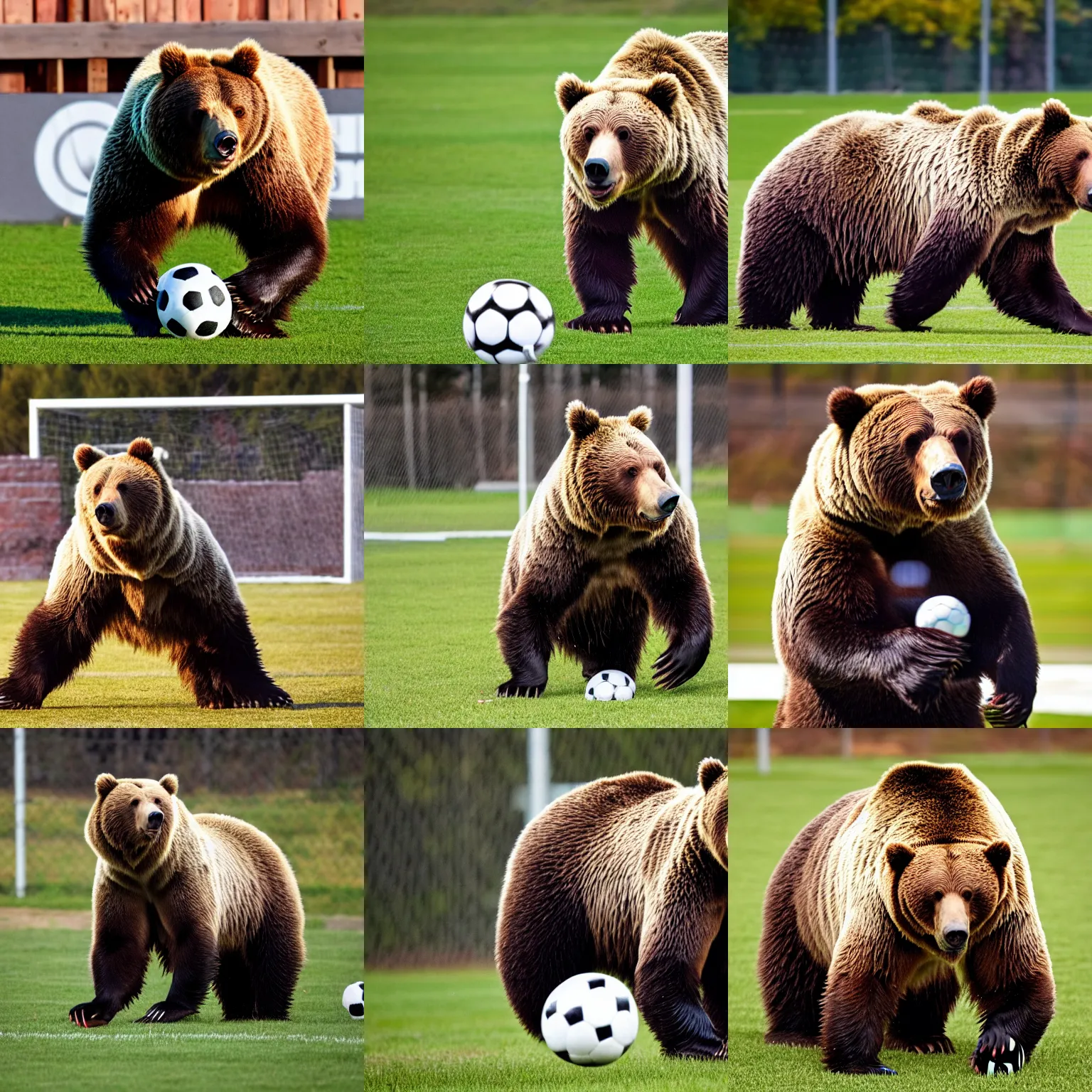 Prompt: an oversized grizzly bear playing soccer, telephoto, bokeh, sports illustrated, 4k,