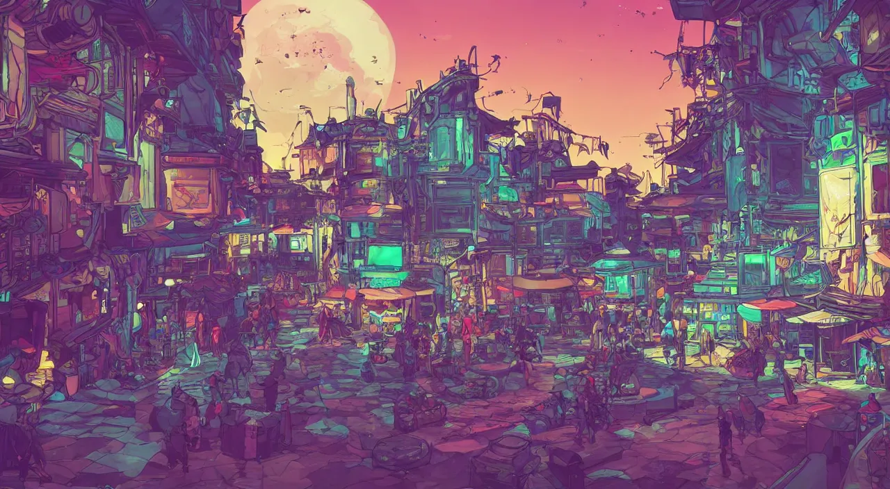 Image similar to bazaar zouk oriantal full color sky shine place mosquet painting stylized cutout vector digital illustration video game icon global illumination ray tracing that looks like it is from borderlands by victo ngai, andreas rocha, john harris and feng zhu and loish and laurie greasley,