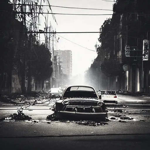 Prompt: an abandoned car in the middle of the street, dark smoke in the background, filthy streets, broken cars. Vines growing. Jpeg artifacts. Trending on flickr. Full-color photo. Samyang/Rokinon Xeen 50mm T1.5