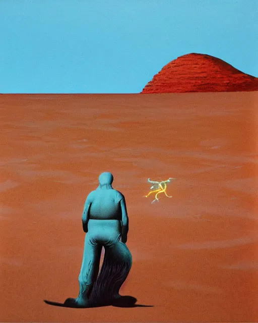 Image similar to roger dean 1 9 8 0 s art of a lone man walking in the dry desert of a strange bizarre alien planet surface lakes reflective clear blue water, rainbow in sky, imagery, illustration art, album art