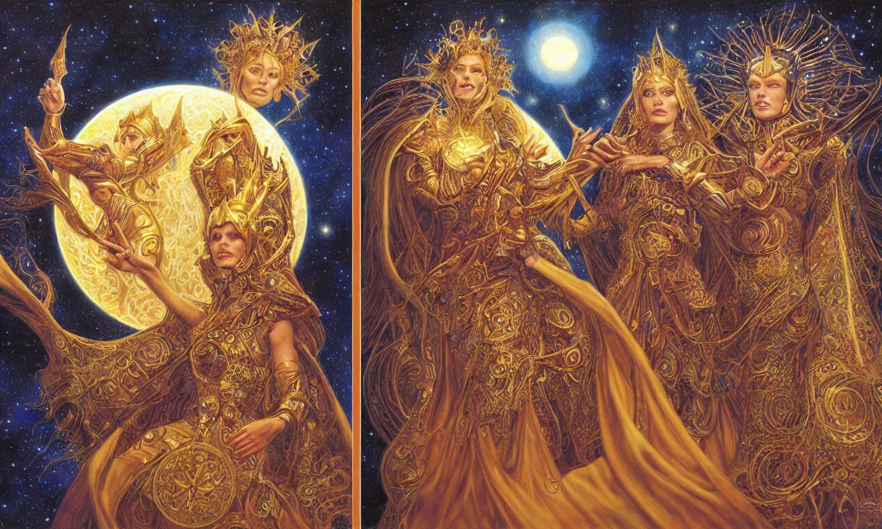 Prompt: sun king and moon queen in the cosmic court of mystical astronomy, art by james c. christensen and donato giancola