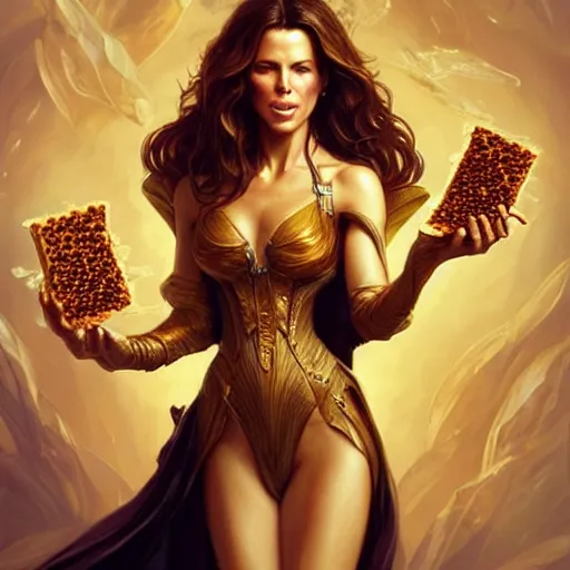 Prompt: Kate Beckinsale covered in honey eating fork, D&D, fantasy, intricate, elegant, highly detailed, digital painting, artstation, concept art, matte, sharp focus, illustration, hearthstone, art by Artgerm and Greg Rutkowski and Alphonse Mucha