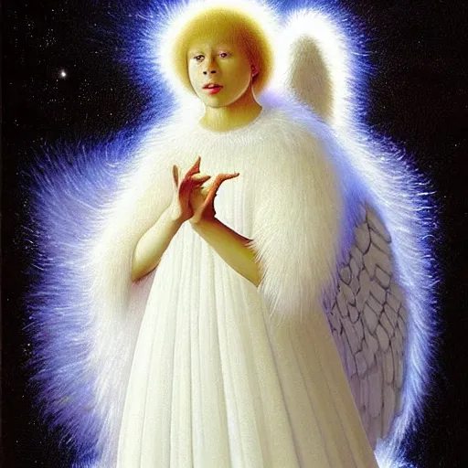 Prompt: highdetailed hyperrealistic painting of white angel!!! no gender!!!, giant ball of miracle light from the chest!!!!!, white sparkles everywhere, 4 k hd fur face!!!, big wings, by jan van eyck, holography space, glow effect, large strokes, soft and clean, white monochrome color!!!!!