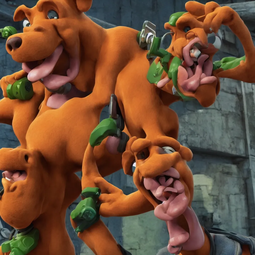 Prompt: scooby doo holding a shotgun in his mouth, unreal engine, 4 k, ray - tracing,