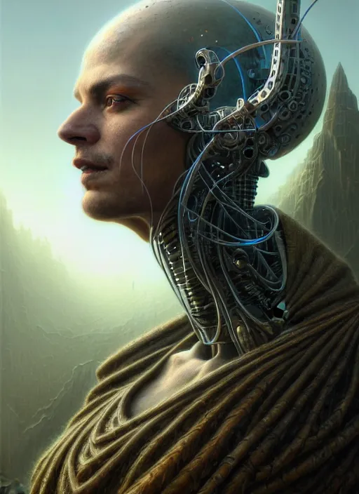 Image similar to closeup portrait shot of a robot wizard in a scenic dystopian environment, intricate, elegant, highly detailed, centered, digital painting, artstation, concept art, smooth, sharp focus, illustration, artgerm, tomasz alen kopera, peter mohrbacher, donato giancola, joseph christian leyendecker, wlop, boris vallejo