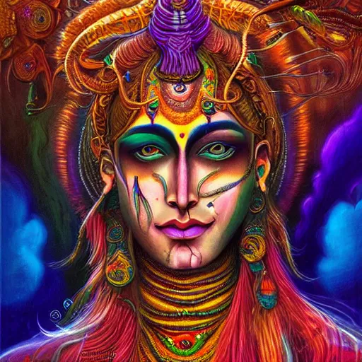 Image similar to An extremely psychedelic portrait of Shiva, surreal, LSD, face, detailed, intricate, elegant, lithe, highly detailed, digital painting, artstation, concept art, smooth, sharp focus, illustration