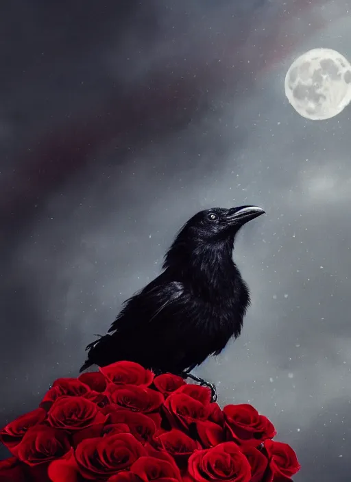 Image similar to red color details, portrait, A crow with red eyes in front of the full big moon, book cover, red roses, red white black colors, establishing shot, extremly high detail, foto realistic, cinematic lighting, by Yoshitaka Amano, Ruan Jia, Kentaro Miura, Artgerm, post processed, concept art, artstation, raphael lacoste, alex ross, portrait, A crow with red eyes in front of the full big moon, book cover, red roses, red white black colors, establishing shot, extremly high detail, foto realistic, cinematic lighting, by Yoshitaka Amano, Ruan Jia, Kentaro Miura, Artgerm, post processed, concept art, artstation, raphael lacoste, alex ross