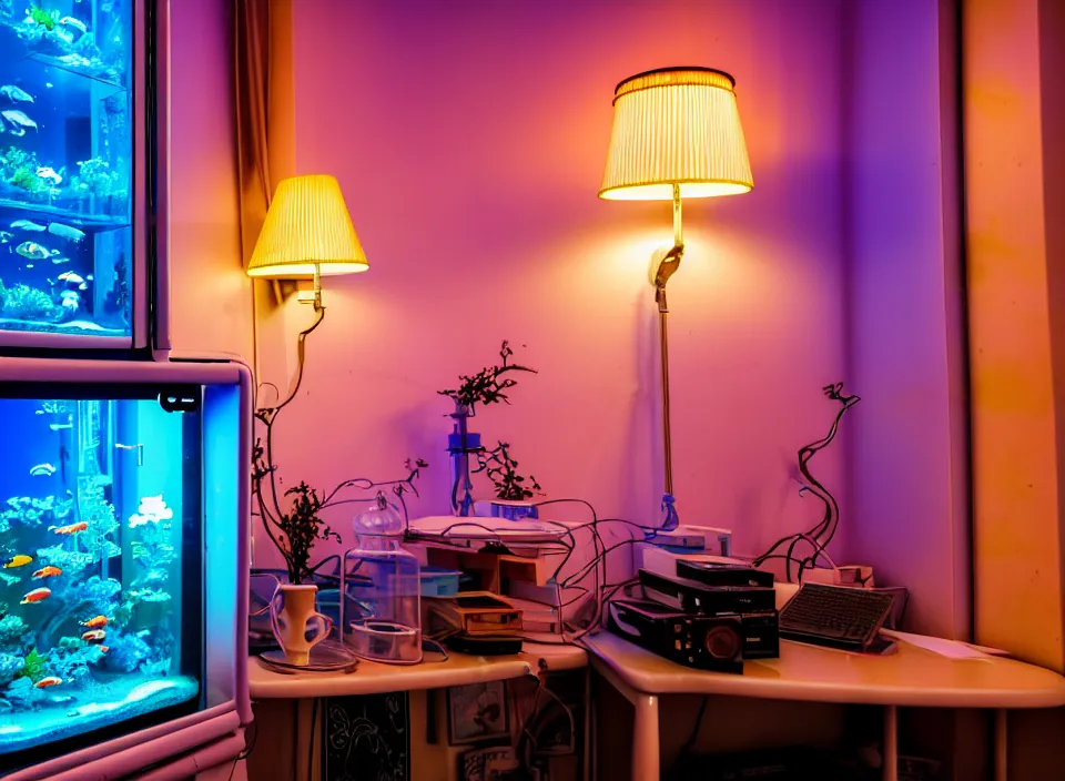 Image similar to telephoto 7 0 mm f / 2. 8 iso 2 0 0 photograph depicting the feeling of chrysalism in a cosy cluttered french sci - fi ( art nouveau ) cyberpunk apartment in a pastel dreamstate art cinema style. ( aquarium, computer screens, window ( city ), leds, lamp, ( ( ( aquarium bed ) ) ) ), ambient light.