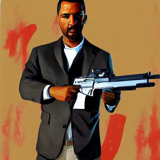 Image similar to a beautiful complex painting of cj from gta san holding a weapon