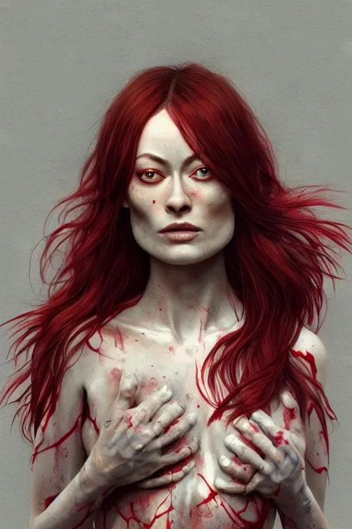 Image similar to pale woman covered with blood, olivia wilde face!!!, red hair, skeleton tattoo!, ultra realistic, concept art, intricate details, highly detailed, 4 5 mm. photorealistic, octane render, 8 k, unreal engine. film still, heavy grain, 3 5 mm, art by artgerm and greg rutkowski and alphonse mucha