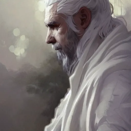 Image similar to man, white clothed, white hair, daoist, artstation, concept art, highly detailed, style of greg rutkowski and alphonse mucha