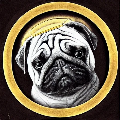 Image similar to pencil art, golden - ratio, spirals, highly detailed, astronaut pug in outer space by davinci.