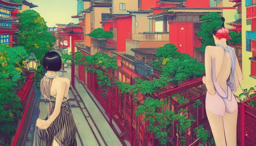 Prompt: a vibrant dream of a beautiful girl wearing gucci from behind on a balcony looking out over a fancy street in kyoto japan, lush plants, onsen, glowing paper lanterns, high fashion, magic details, by moebius, edward hopper, james gilleard, and james jean, hd, 8 k, trending on artstation, uhd,