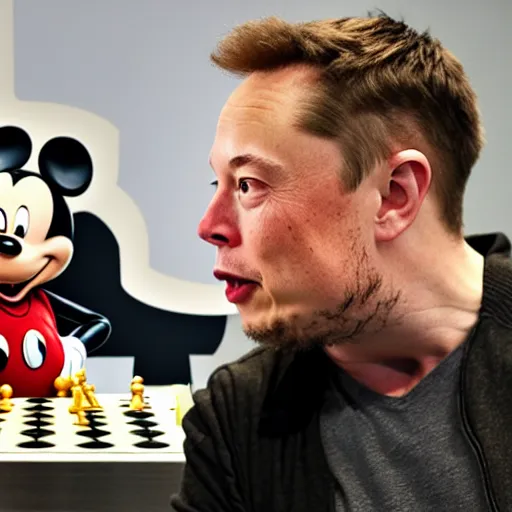 Image similar to elon musk playing chess with mickey mouse