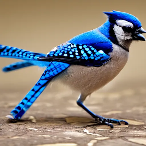 Image similar to 4 k photograph of a blue jay wearing headphones