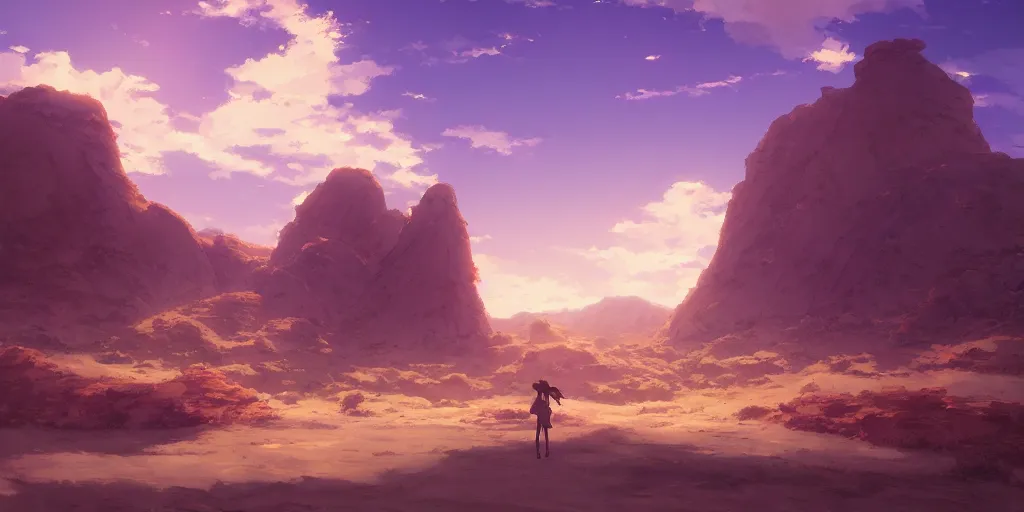 Image similar to a stunning desert landscape by makoto shinkai