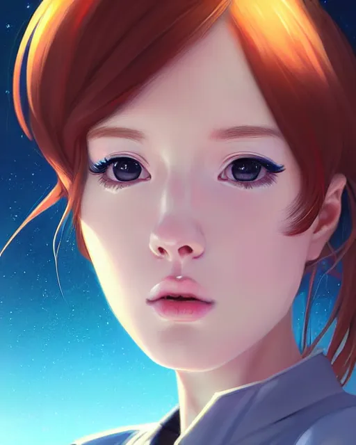 Image similar to portrait Anime space cadet girl Anna Lee Fisher anime cute-fine-face, pretty face, realistic shaded Perfect face, fine details. Anime. realistic shaded lighting by Ilya Kuvshinov Giuseppe Dangelico Pino and Michael Garmash and Rob Rey, IAMAG premiere, aaaa achievement collection, elegant freckles, cinematic hologram, fabulous, daily deviation, annual award winner