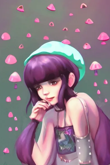 Prompt: a little girl wearing a mushroom hat in 9 0 s outfit | | purple curvy hair, pretty face, fine details, digial art by lois van baarle and sakimichan, anatomically correct, perfect composition, symmetrical, fantastic, clean details, anime character, extremely detailed, ray tracing