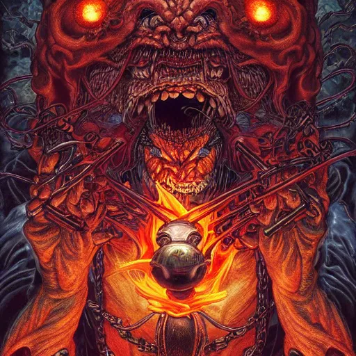 Image similar to portrait of crazy balrog with fire, symmetrical, by yoichi hatakenaka, masamune shirow, josan gonzales and dan mumford, ayami kojima, takato yamamoto, barclay shaw, karol bak, yukito kishiro