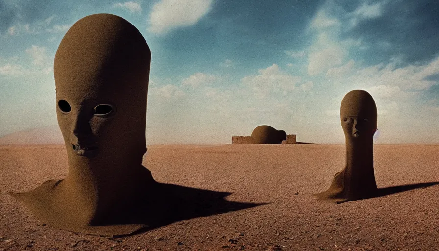 Image similar to levitating bene gesserit reflecting mask in a dry rocky desert landscape, alien city ruins designed by giger, giant abandoned alien city by christopher doyle and alejandro jodorowsky, anamorphic lens, kodakchrome, cinematic composition, very detailed photo, 8 k