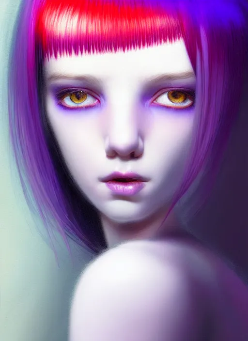 Image similar to hair whitebangs hair, black hair, whitebangs, portrait of teenage girl with white bangs, red irises, purple clothes, white bangs, bangs are different color from hair, intricate, elegant, glowing lights, highly detailed, digital painting, artstation, concept art, smooth, sharp focus, illustration, art by wlop, mars ravelo and greg rutkowski