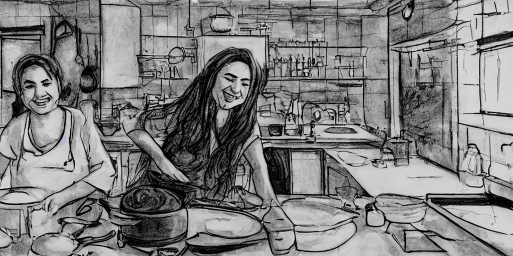 Prompt: digital storyboard drawing style of a scene in the morning, and the sun is shining on the Aegean coast in Turkey. The camera is positioned at a low angle, looking up at a stunning kurdish girl as she works in the kitchen of her family's kebab restaurant. She is laughing and singing to herself as she cooks