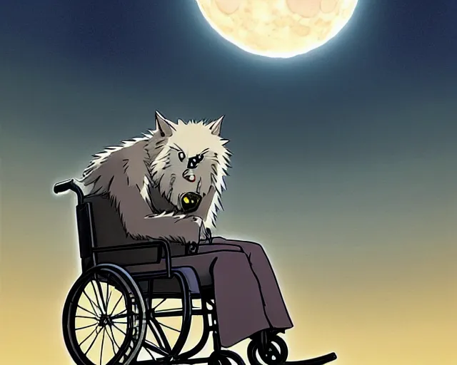 Image similar to a cell shaded cartoon grey lovecraftian wolfman in a wheelchair from howl's moving castle ( 2 0 0 4 ), with a big head, on a desert road, wide shot, in front of a big moon, muted colors, post grunge, studio ghibli, james jean, victor ngai, hq, deviantart, art by artgem