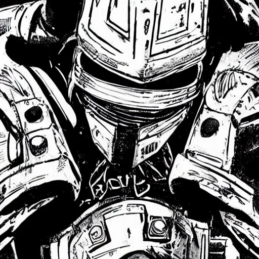 Image similar to sci - fi, dystopian bounty hunter, art by kevin eastman, black and white