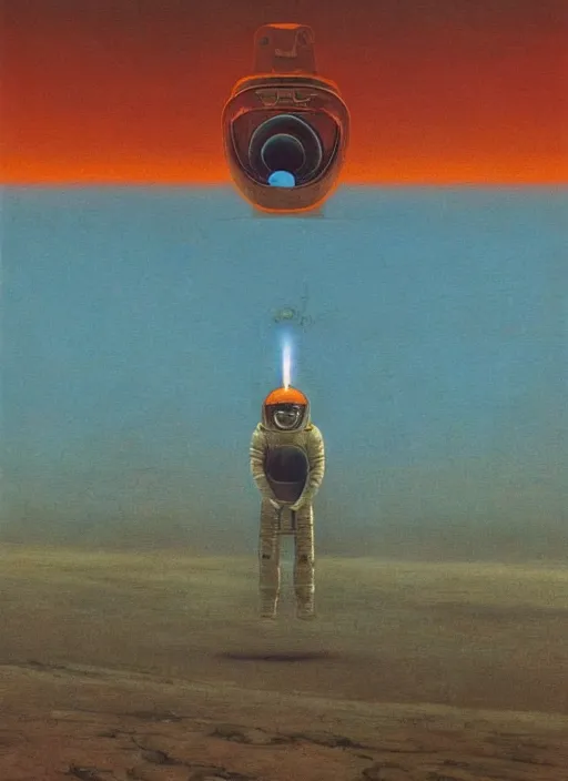 Image similar to A painting in a style of Beksinski featuring Elon Musk on mars. There is a rocket in the sky. Very detailed, symmetry