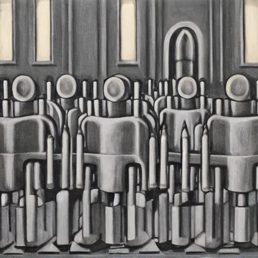 Image similar to line of robots guarding a brutalist castle, evil visages, dystopian, pj crook, edward hopper, oil on canvas