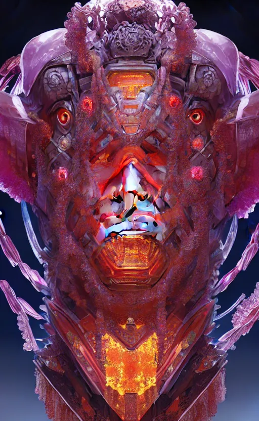 Image similar to asura from chinese myth, ghost, gorgeous and huge head ornaments, dystopian, cyberpunk, organic fractal mycelum and fungi, mecha, halfturn portrait of a big crystal face made of crystals half - turn, ominous, intricate, studio, art by anthony macbain + greg rutkowski + alphonse mucha, concept art, 4 k, sharp focus