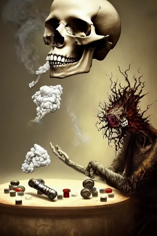 Image similar to stringejä and pile Off pills and a skull on the table, skull made out of smoke coming out of pills, fantasy, intricate, elegant, highly detailed, digital painting, artstation, concept art, smooth, sharp focus, illustration, art by Ilja Repin