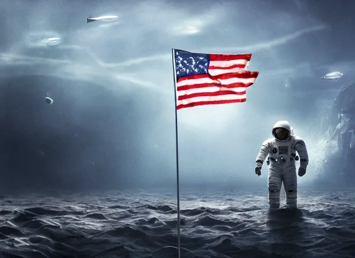 Image similar to astronaut holding a flag in an underwater desert. a submarine is visible in the distance. dark, concept art, cinematic, dramatic, atmospheric, 8 k, trending on artstation, blue, fish, low visibility, fog, ocean floor, christopher nolan, interstellar