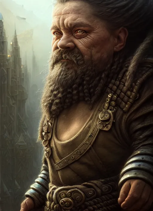 Image similar to closeup portrait shot of a dwarf warrior in a scenic dystopian environment, intricate, elegant, highly detailed, centered, digital painting, artstation, backlit, concept art, smooth, sharp focus, illustration, artgerm, tomasz alen kopera, peter mohrbacher, donato giancola, joseph christian leyendecker, wlop, boris vallejo