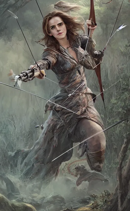 Image similar to portait of a emma watson archer shooting arrow at forest monster, front game card, drark, marvel comics, dark, intricate, highly detailed, smooth, artstation, digital illustration by ruan jia and mandy jurgens and artgerm and wayne barlowe and greg rutkowski and zdislav beksinski