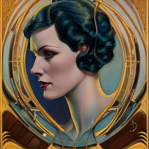 Prompt: a streamline moderne, ( art nouveau ), ( ( dieselpunk ) ) painting in the style of charlie bowater, and in the style of donato giancola, and in the style of charles dulac. symmetry, smooth, sharp focus, hyperrealism, intricate symmetrical ultrafine background detail.