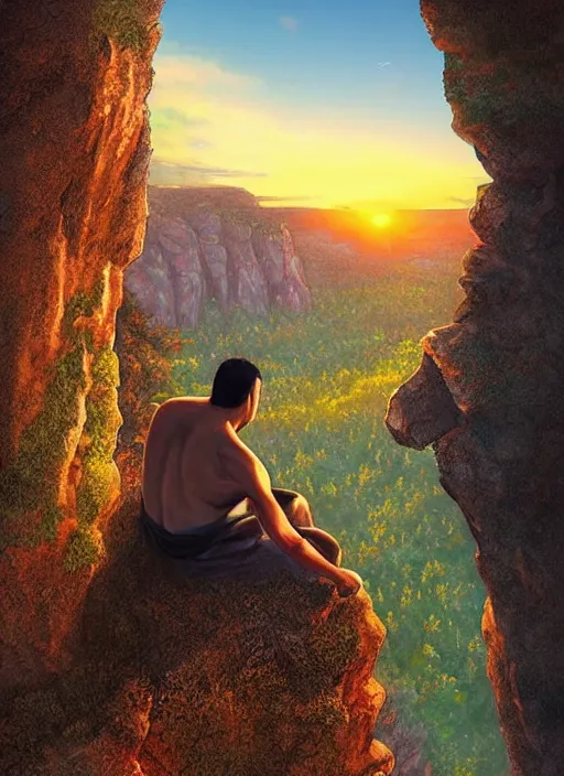 Prompt: an indigenous man sitting at the top of a cliff, looking down at the valley, doing a vision quest, beautiful sunset, art by artgerm