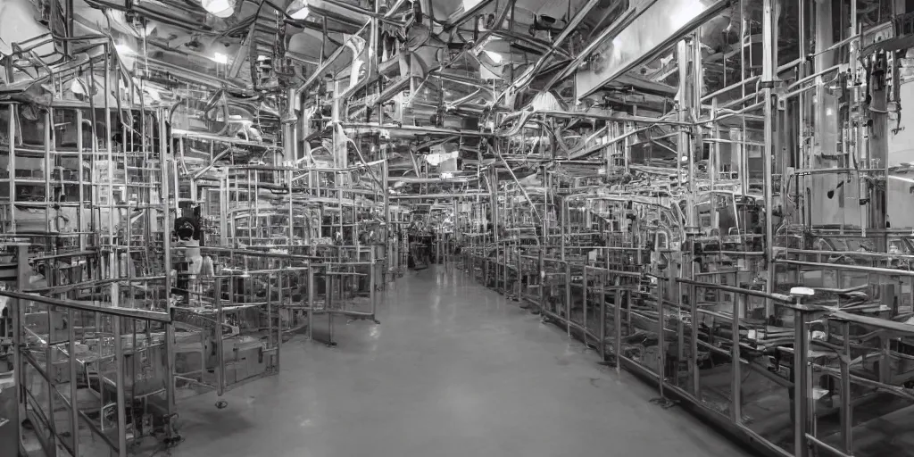 Prompt: inside of a busy meat processing plant, photography