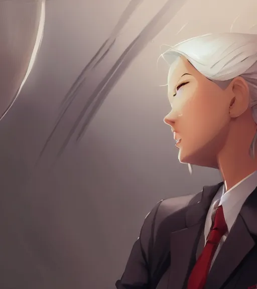 Prompt: a girl in a business suit, close up, sharp focus, red necktie, grey hair, happy expression, full body shot, pixiv, digital painting, by tran ross and jordan grimmer and greg rutkowski, anime art, artstation, hd, smooth