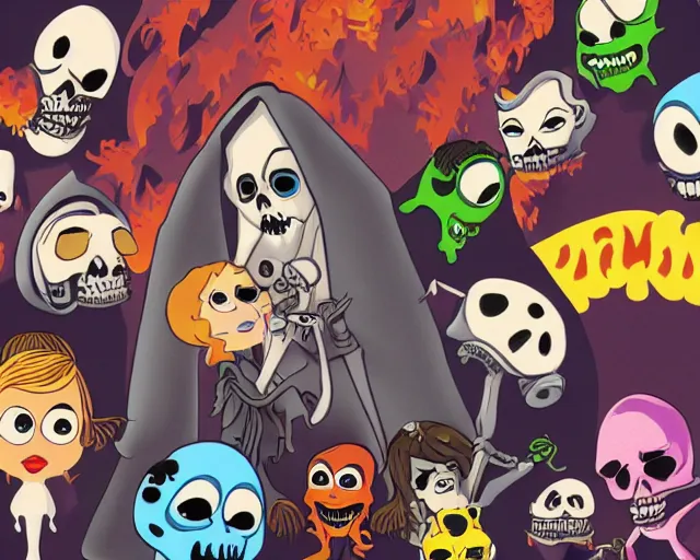 Prompt: detailed cartoon portrait of a little reaper surrounded by demons, pixar, sharp high quality