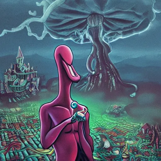 Image similar to A centered chest up portrait of a psychedelic demonic anthropomorphic snake smoking a hand-rolled cigarette smoking heavily , magic mushroom village in background , award winning. superb resolution. in the art style of junji Ito and greg rutkowski . Detailed Mushroom city in background. Hyper realistic anime. Perfect art. Dalle2