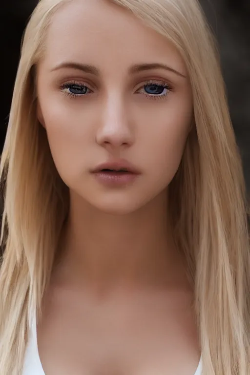 Image similar to 2 4 year old symmetrical blonde female wearing white v - neck top, neck zoomed in from lips down, photo realistic, extreme detail skin, no filter, slr, golden hour, 4 k, high definition, photograph, selfie