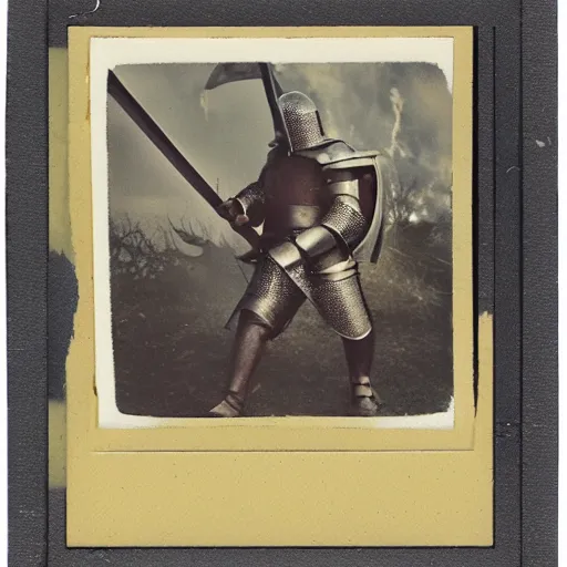 Prompt: polaroid of medieval knight in battle with a dragon