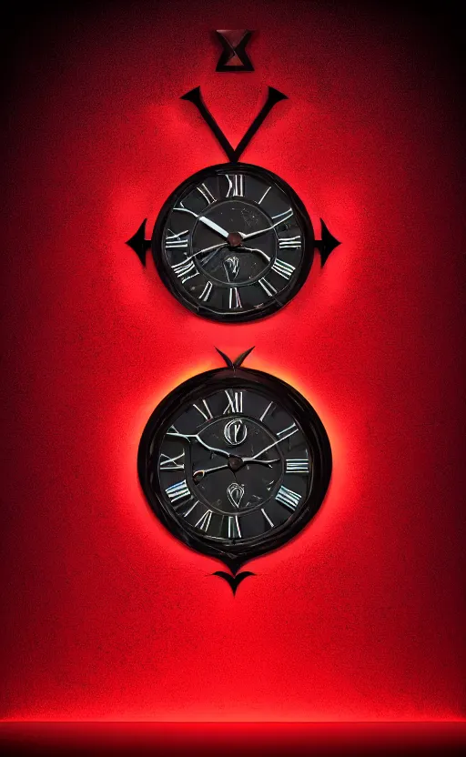 Image similar to a melting Roman numeral clock, behind a red and black gradient background, awith a black heart shaped on the top left corner and a black diamond card shape in the bottom right corner, dynamic lighting, photorealistic fantasy concept art, trending on art station, stunning visuals, cinematic, creative, ultra detailed