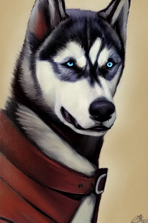 Image similar to a portrait painting of a husky in cowboy costume in the style of anime, a fistful of dollars, character design, humanoid, personify, anthropomorphic