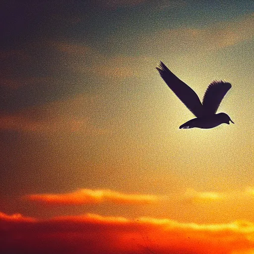 Prompt: Realistic shot of a radiant white dove flying over the clouds at sunset, ethereal, vintage photograph, film grain, surreal, awe-inspiring, highly detailed