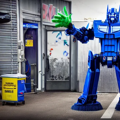 Prompt: Optimus prime working in a local carwash